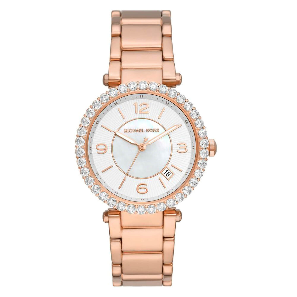 Michael Kors Parker Lux 39mm Silver Dial Cubic Zirconia Bezel Rose Gold PVD Case Watch