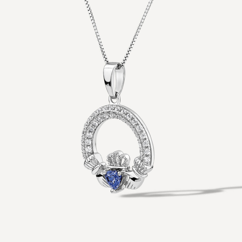 Sterling Silver September Birthstone Pave Cubic Zirconia Claddagh Pendant image number 1