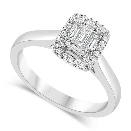 Ladies 18ct White Gold Emerald Cut Illusion 0.25 Carat Diamond Ring - Special Price