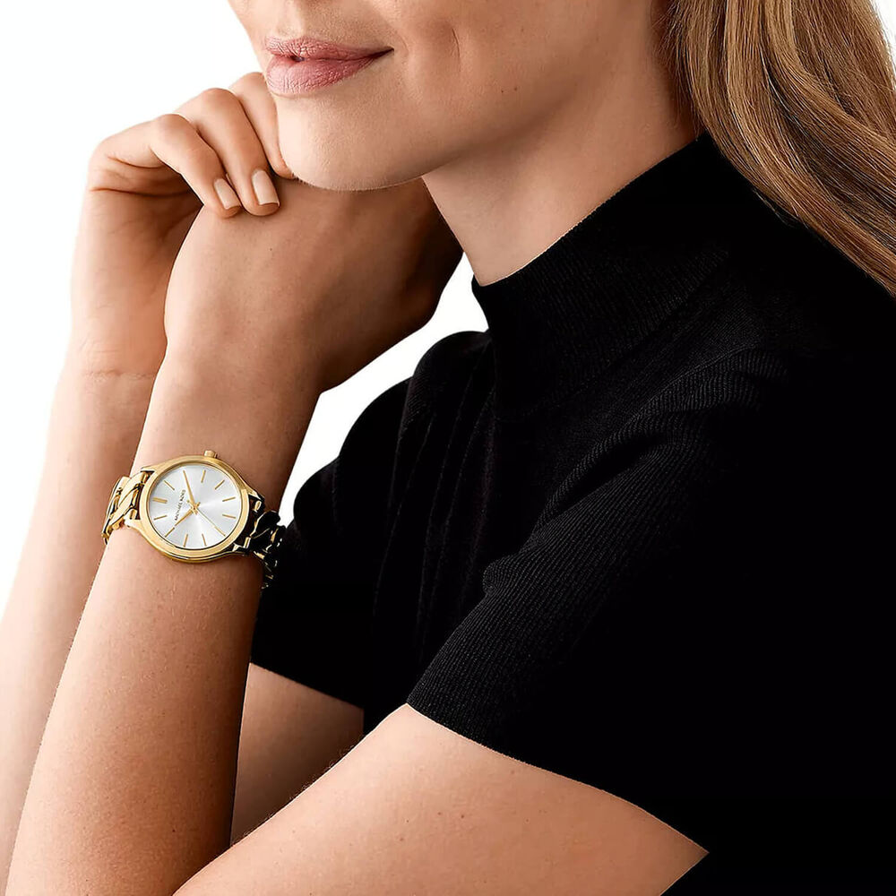 Michael Kors Slim Runway 38mm White Dial Yellow Gold Toned Steel Bracelet Watch image number 3