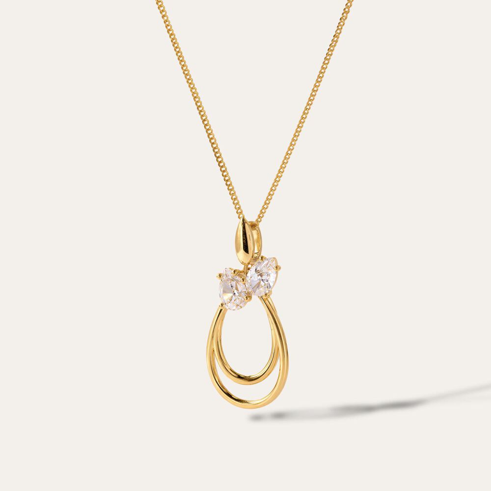 9ct Yellow Gold Two Pear Cubic Zirconia Double Teardrop Pendant