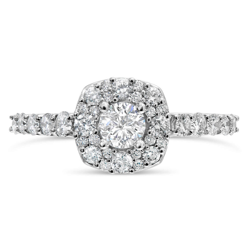 18ct White Gold Round 1.00ct Diamond Square Halo and Shoulders Ring image number 1