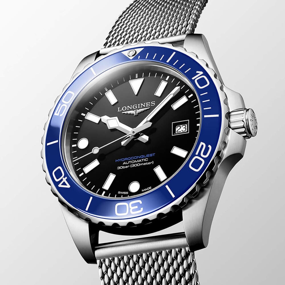 Longines HydroConquest 42mm Black Dial Blue Bezel Steel Bracelet Watch
