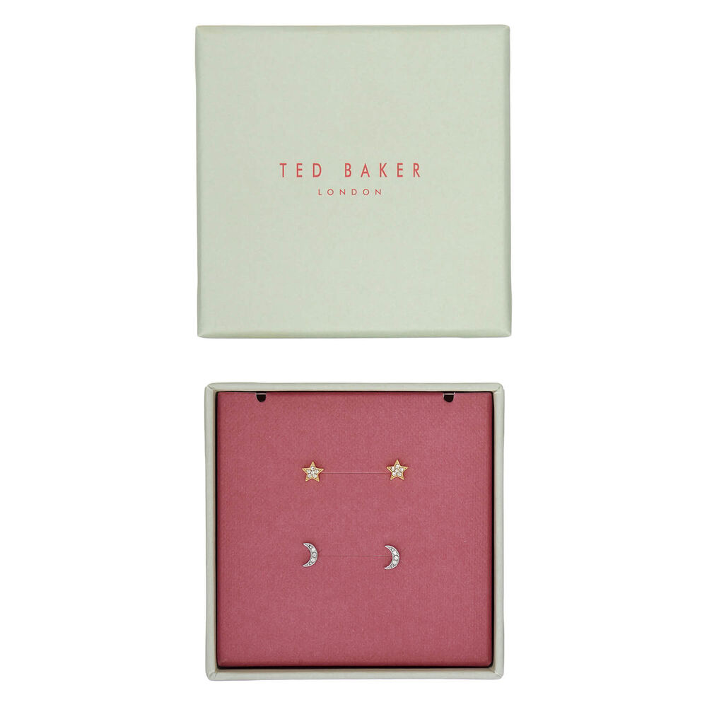 Ted Baker Twin Silver & Gold Tone Earring Star & Crescent Moon Set