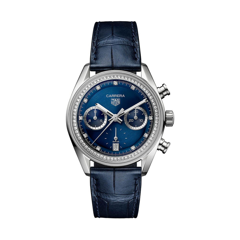 TAG Heuer Carrera Chronograph 39mm Blue Dial Diamond Dots Leather Strap Watch