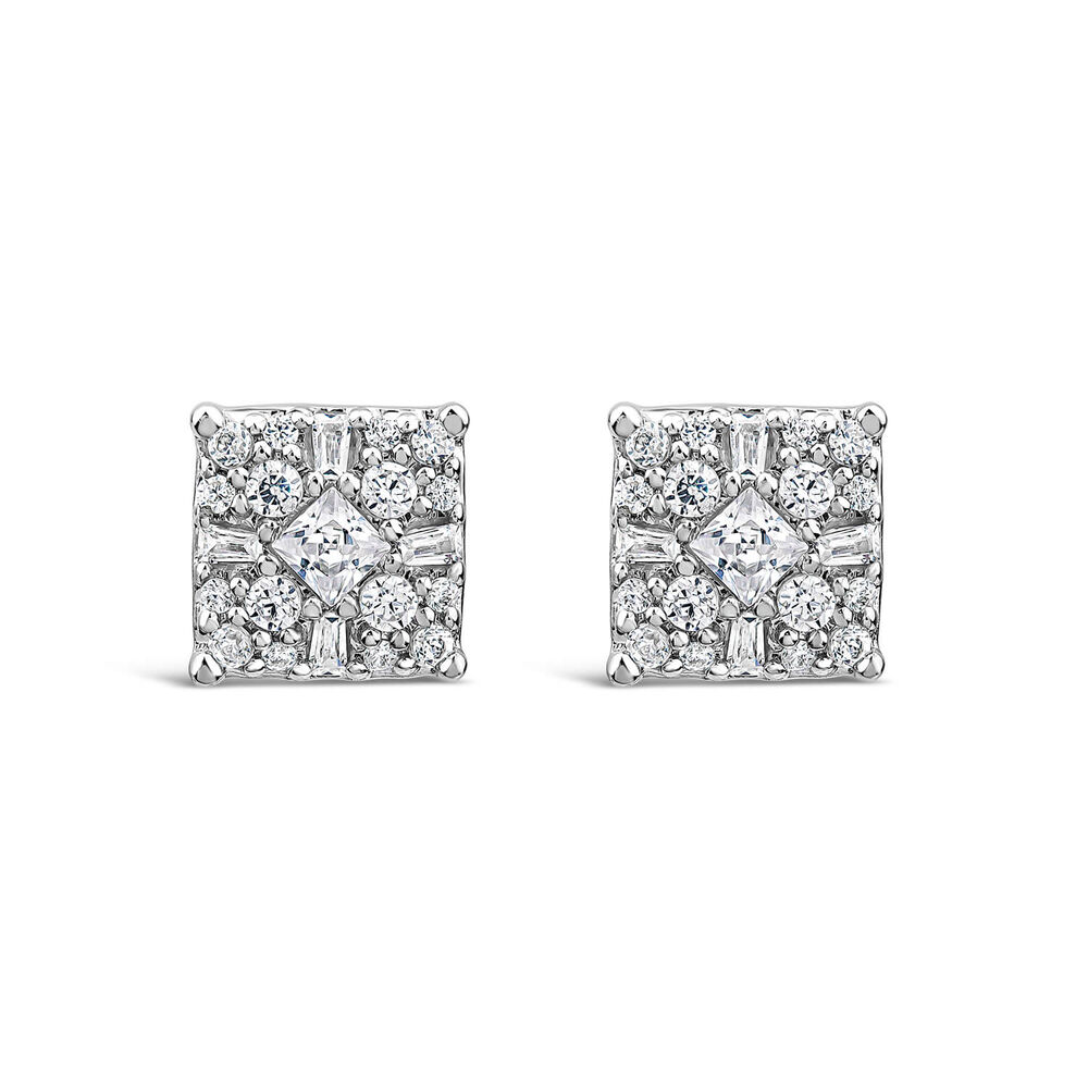 9ct White Gold 0.50ct Cluster Baguette & Round Diamond Square Shaped Stud Earrings