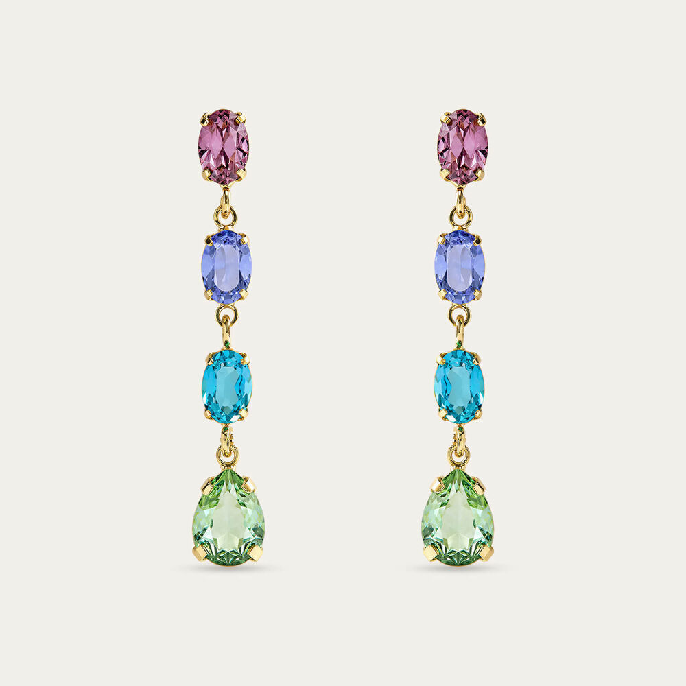 Yellow Gold Plated Sterling Silver Multi Colour Oval Cubic Zirconia Drop Earrings