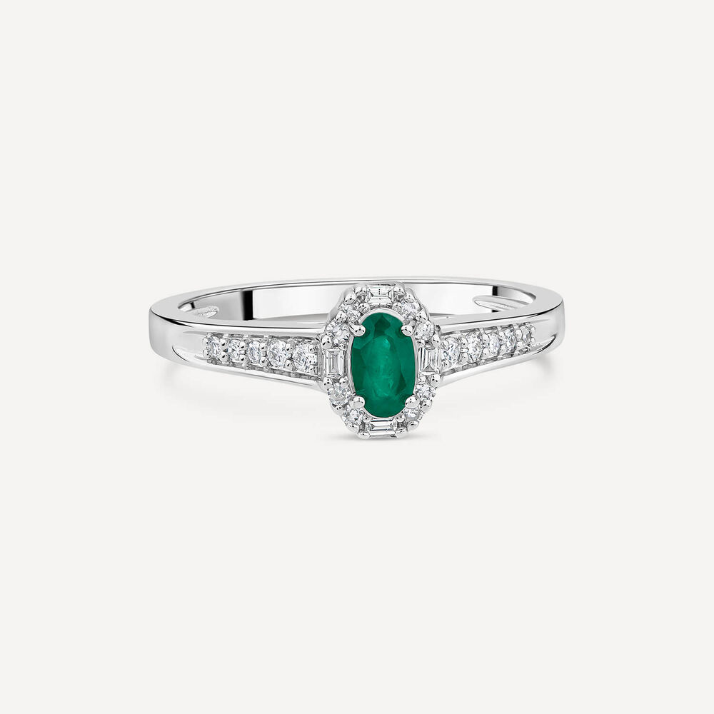 9ct White Gold Oval Emerald Centre 0.15ct Diamond Round & Baguette Halo & Shoulders Ring image number 2