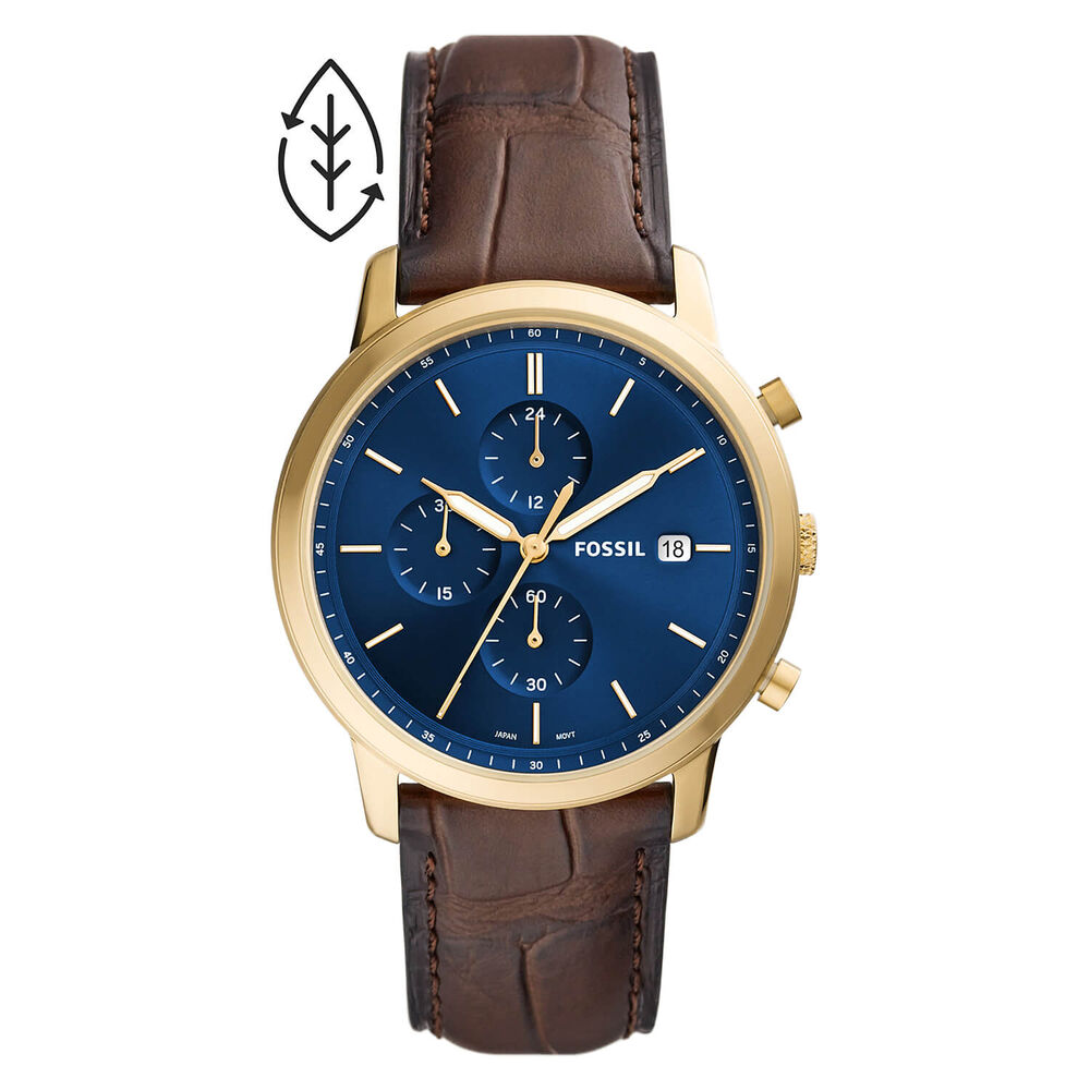 Fossil Minimalist 42mm Blue Dial Yellow Gold Bezel Brown Strap Watch