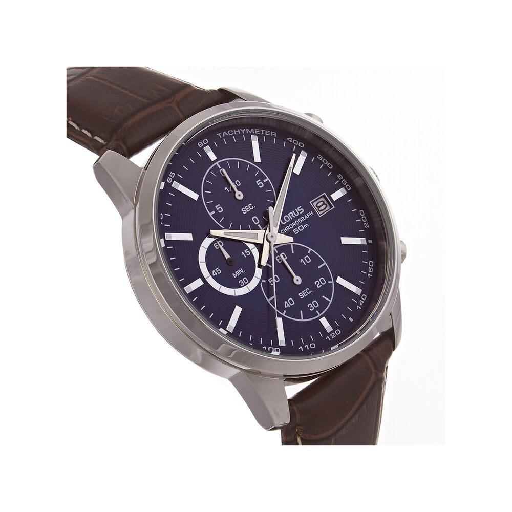 Lorus Quartz Chronograph 42mm Navy Dial Brown Leather Strap Watch image number 2