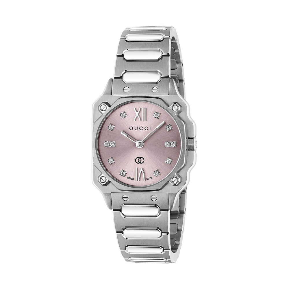 Gucci G-Flat 24mm Pink Dial Diamond Dots Stainless Steel Bracelet Watch image number 0