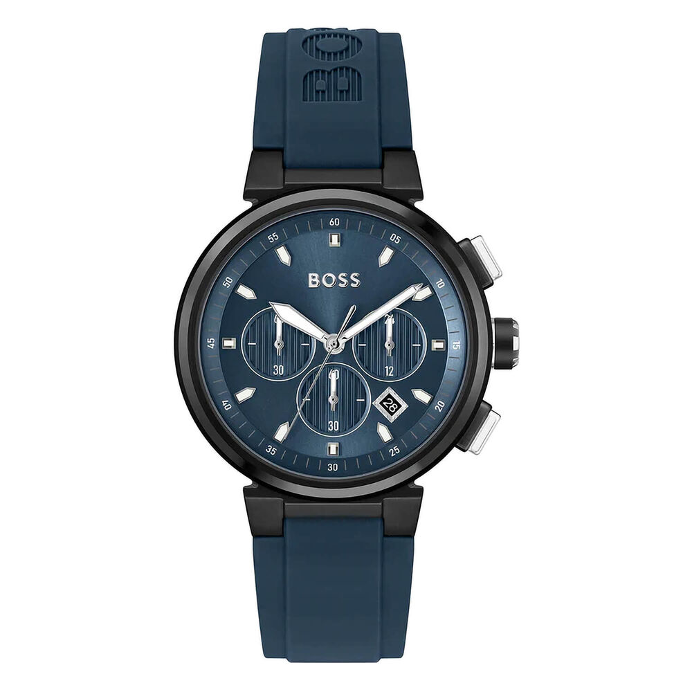 BOSS One 44mm Blue Dial Black Bezel Blue Rubber Strap Watch