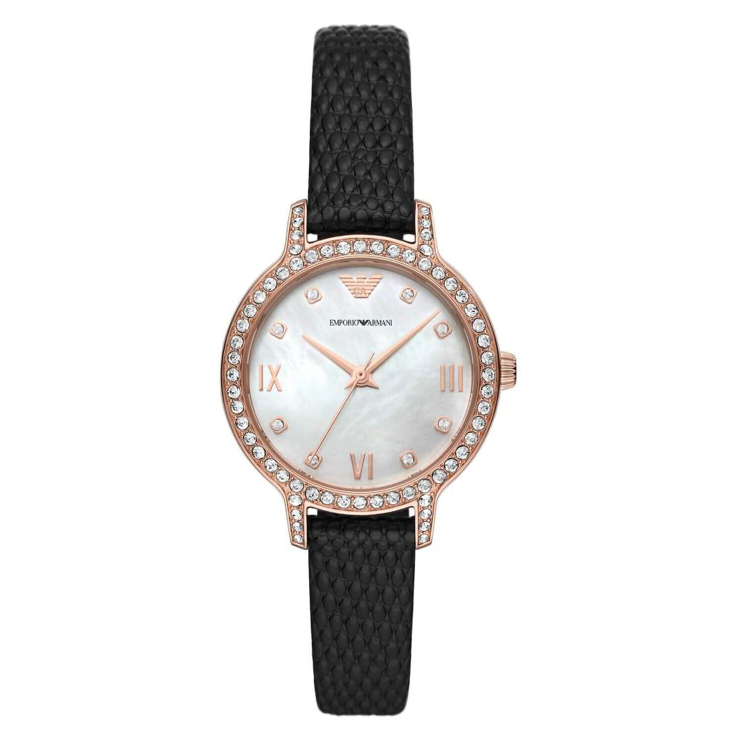 Armani Cleo 32mm Rose Gold Case Black Leather Watch