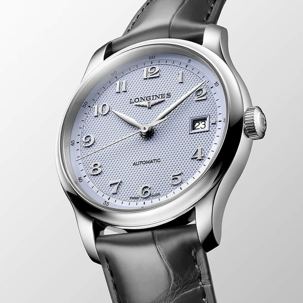 Longines Master Collection 39mm Light Blue Barleycorn Dial Anthracite Leather Strap Watch