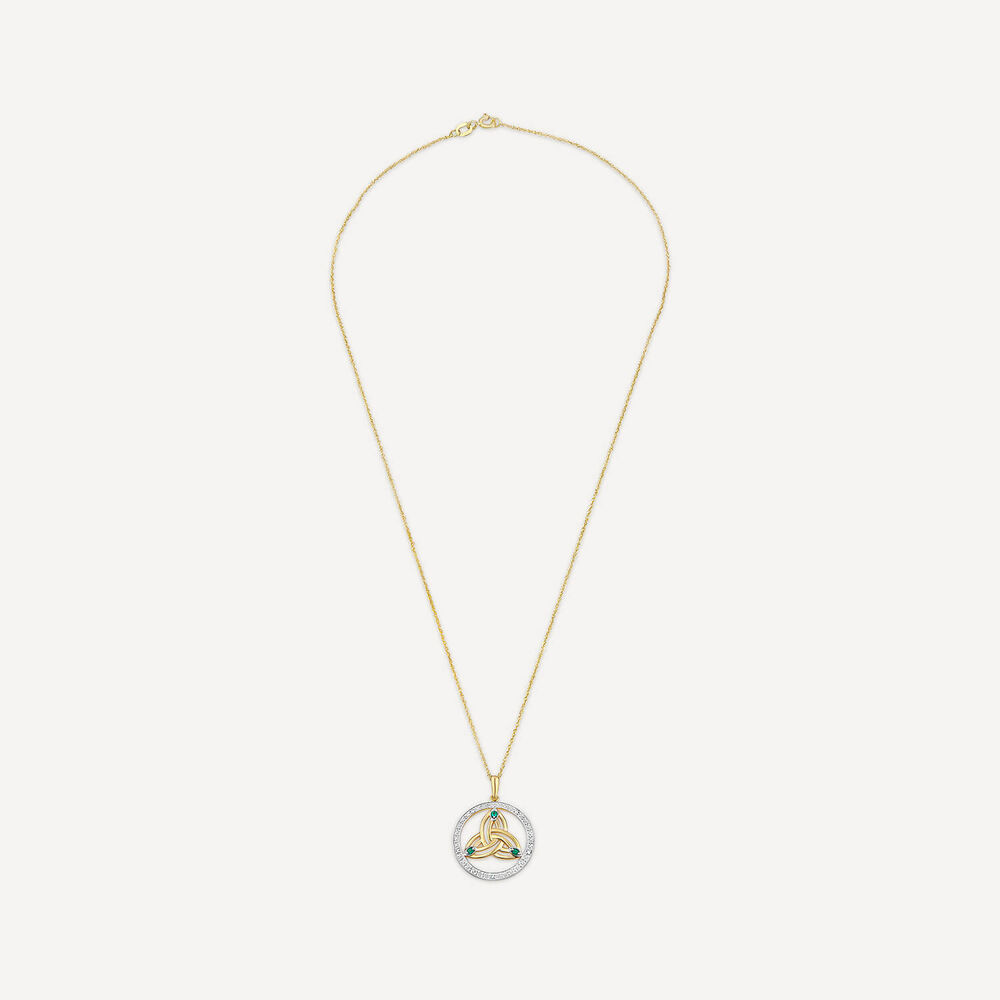 14ct Yellow Gold Diamond & Emerald Trinity Knot Round Pendant image number 2
