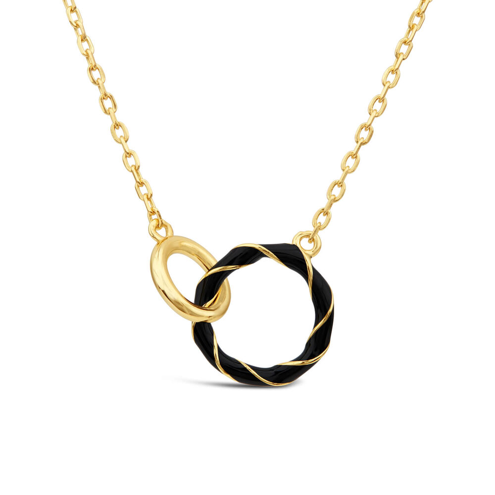 Silver & Yellow Gold Plated Double Circle Black Enamel Necklet
