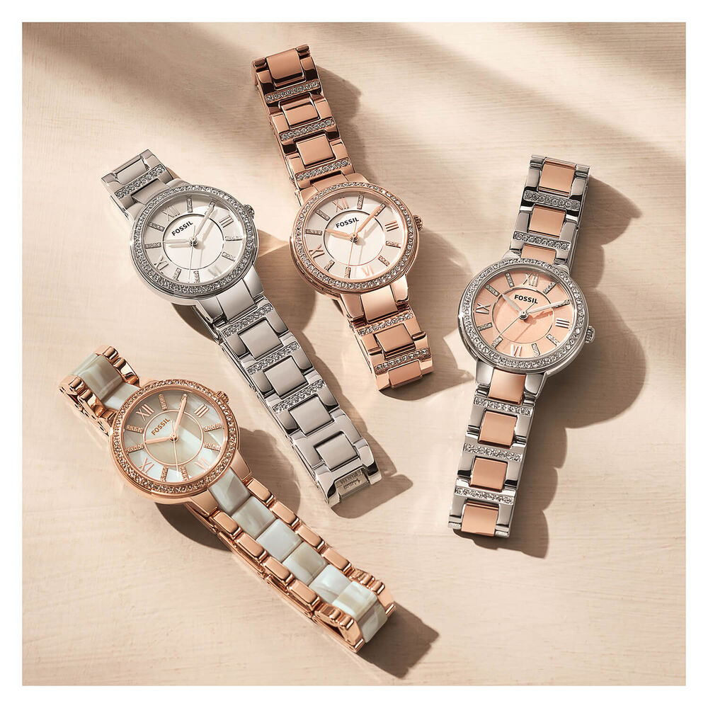 Fossil Virginia 28mm White Dial Rose Gold IP Case Bracelet Watch image number 10