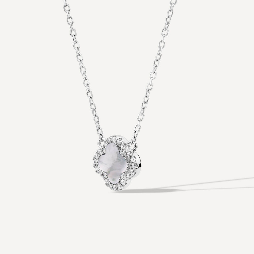 Sterling Silver Mother of Pearl & Cubic Zirconia Clover Petal Necklet image number 1