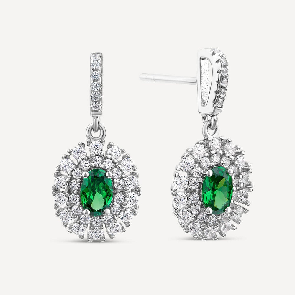 Sterling Silver Green & White Cubic Zirconia Double Halo Drop Earrings