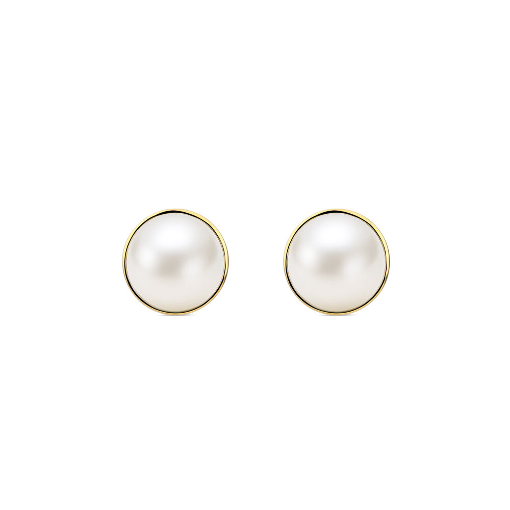 Yellow Gold Plated Sterling Silver Rim Freshwater Pearl Button Stud Earrings