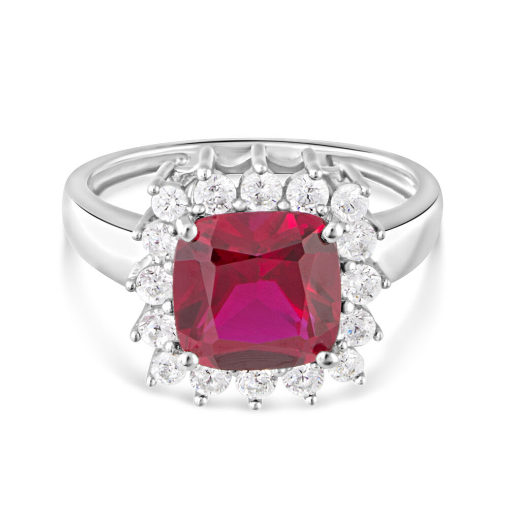 9ct White Gold Cushion Created Ruby And Cubic Zirconia Ring image number 5