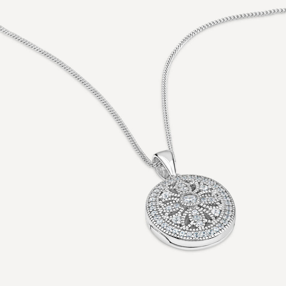 Sterling Silver Small Cubic Zirconia Antique Design Oval Locket Pendant image number 4