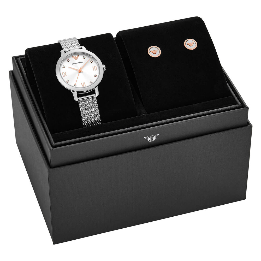 Emporio Armani 32mm Silver Dial Steel Bracelet Watch & Rose Gold Stud Earrings Set image number 6