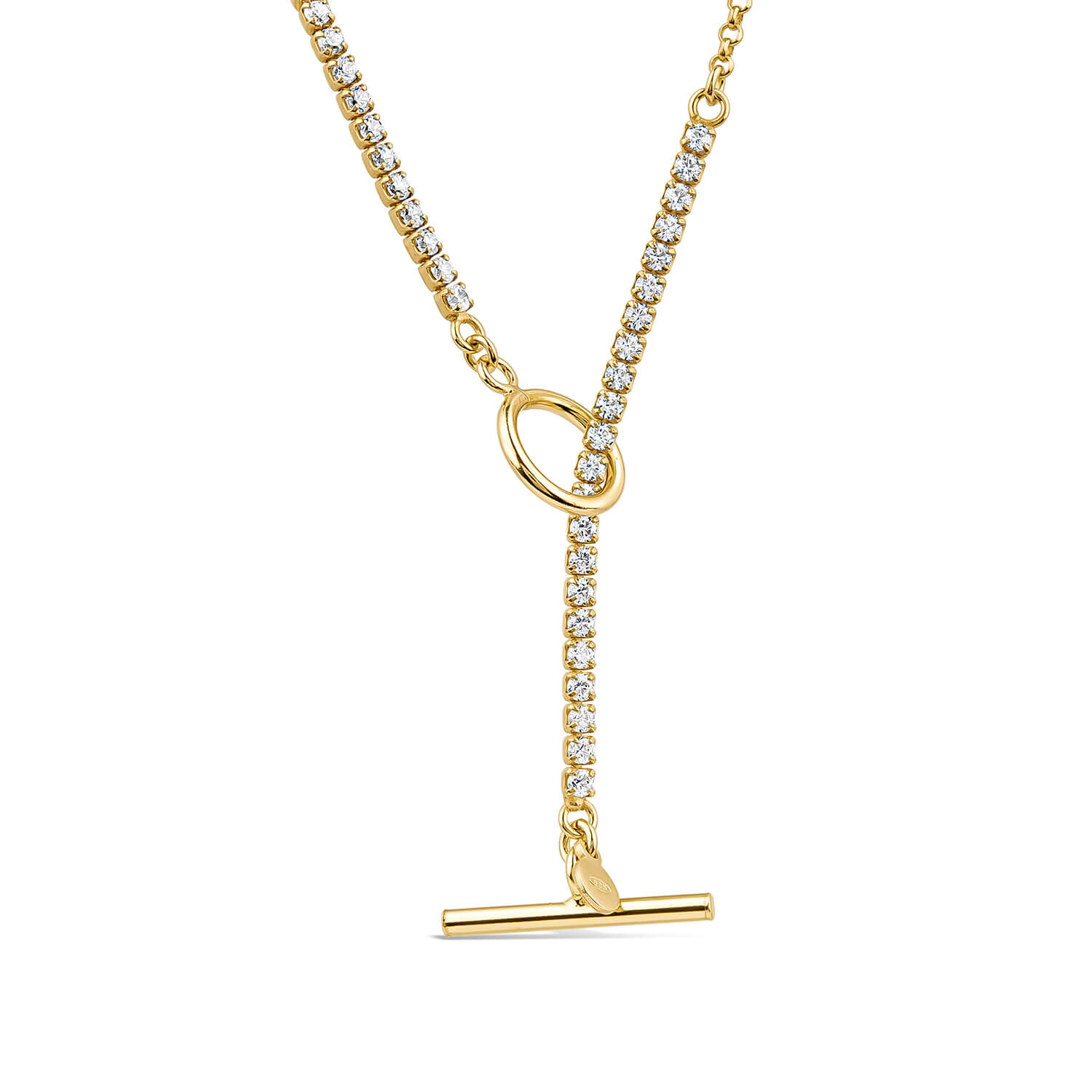 Yellow Gold Plated Half CZ Tennis Chain T Bar Necklet