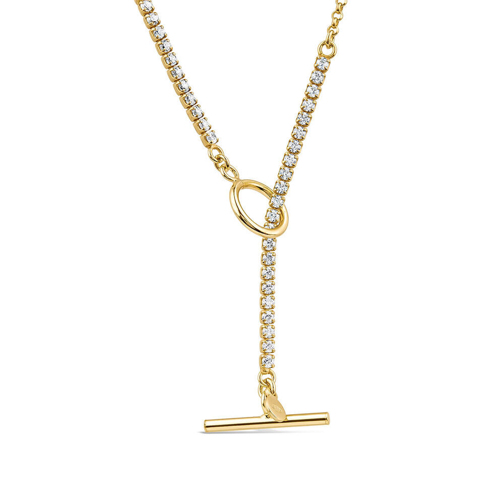 Sterling Silver & Yellow Gold Plated Half Cubic Zirconia Tennis Chain T-Bar Necklet image number 0
