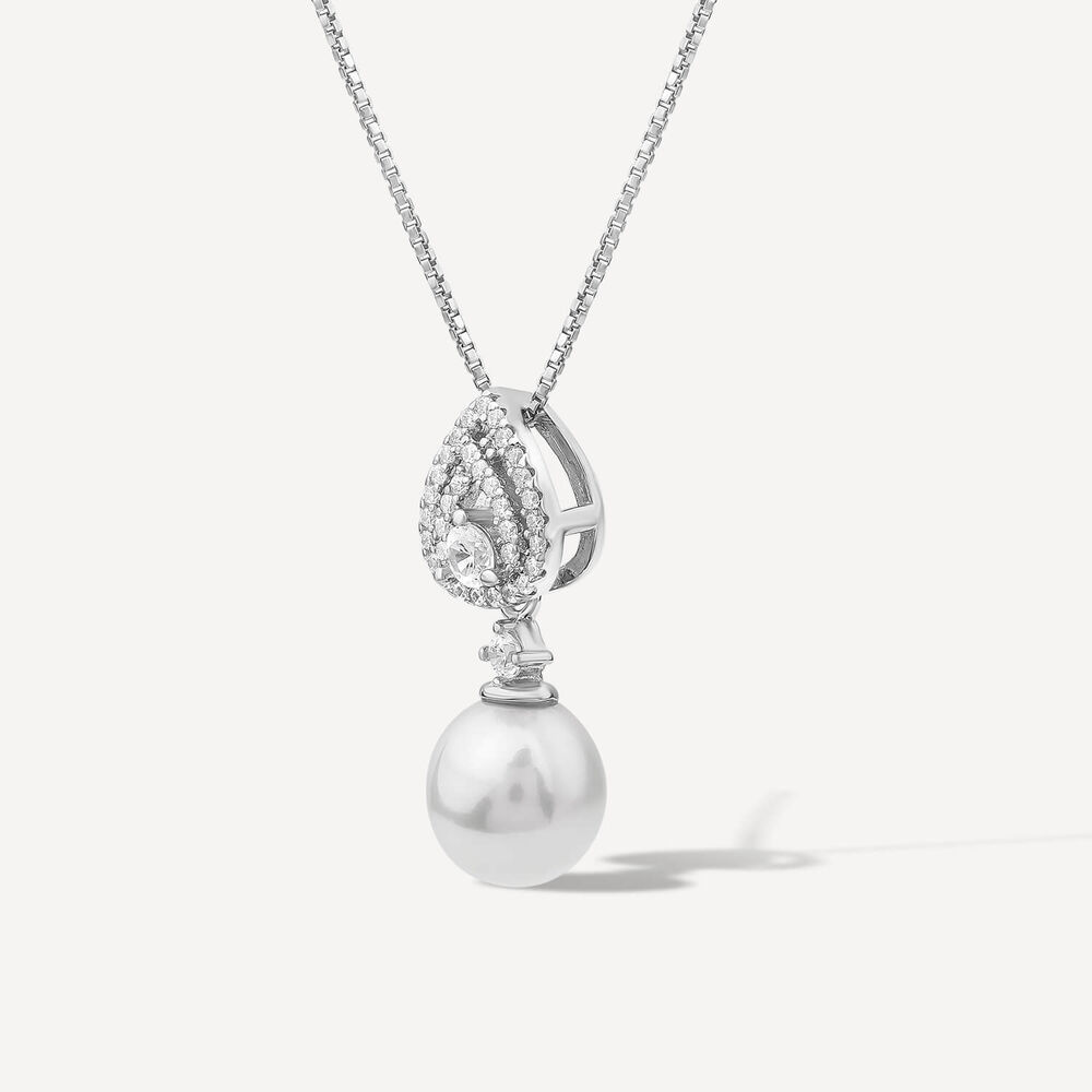 Sterling Silver Cubic Zirconia Double Halo Pear & Pearl Drop Pendant