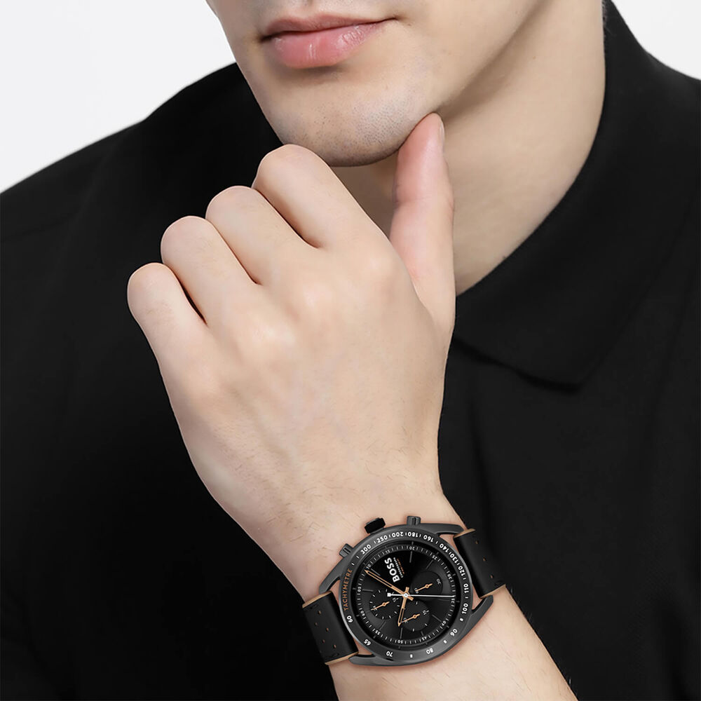 BOSS Center Court 44mm Black Chronograph Dial Brown & Black Strap Watch image number 4