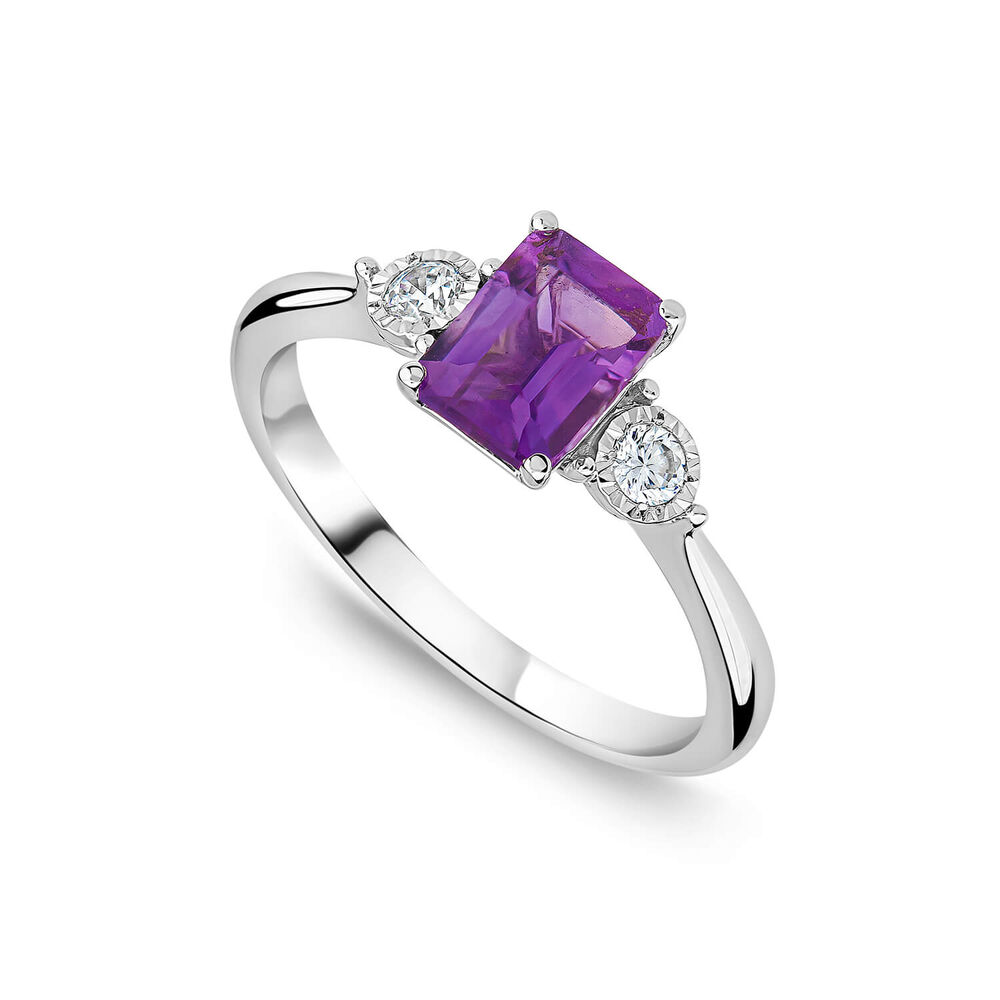 9ct White Gold Princess Cut Amethyst 0.12ct Diamond Sides Ring image number 0