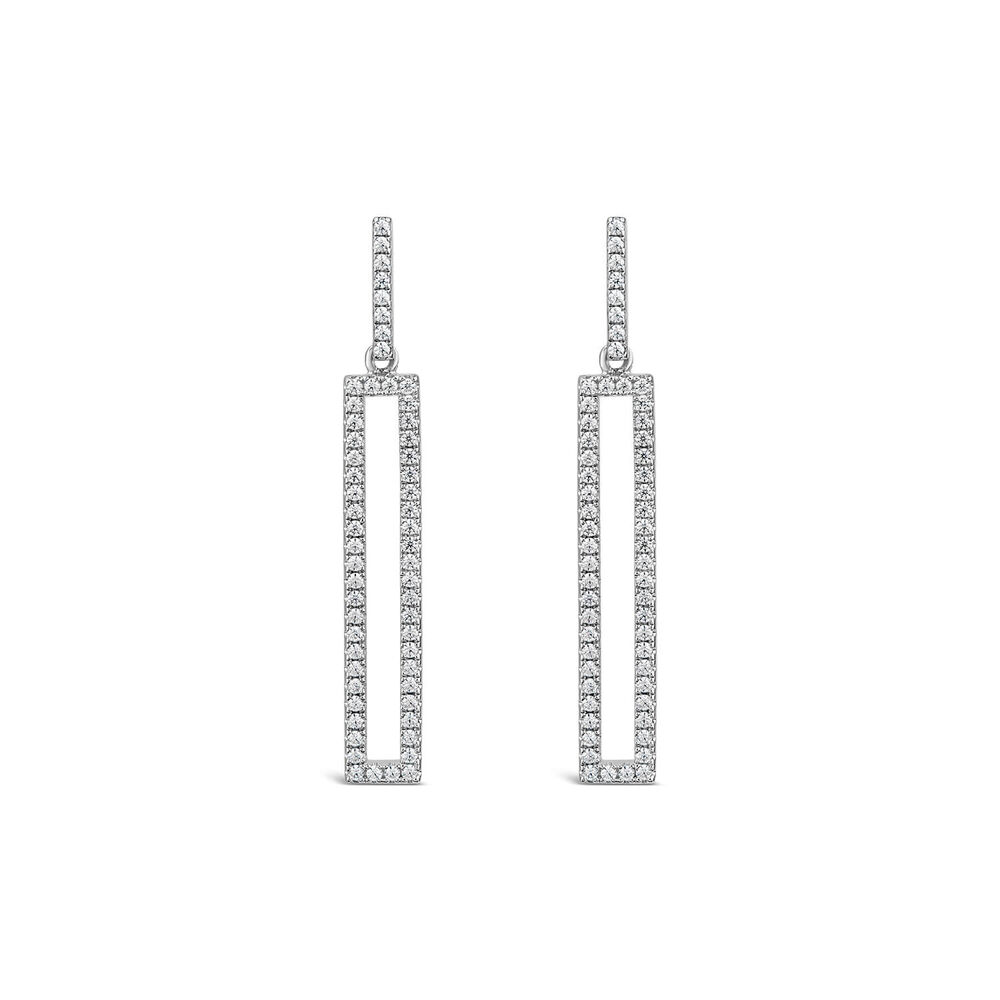 Sterling Silver Open Rectangle Cubic Zirconia Pave Set Drop Earrings