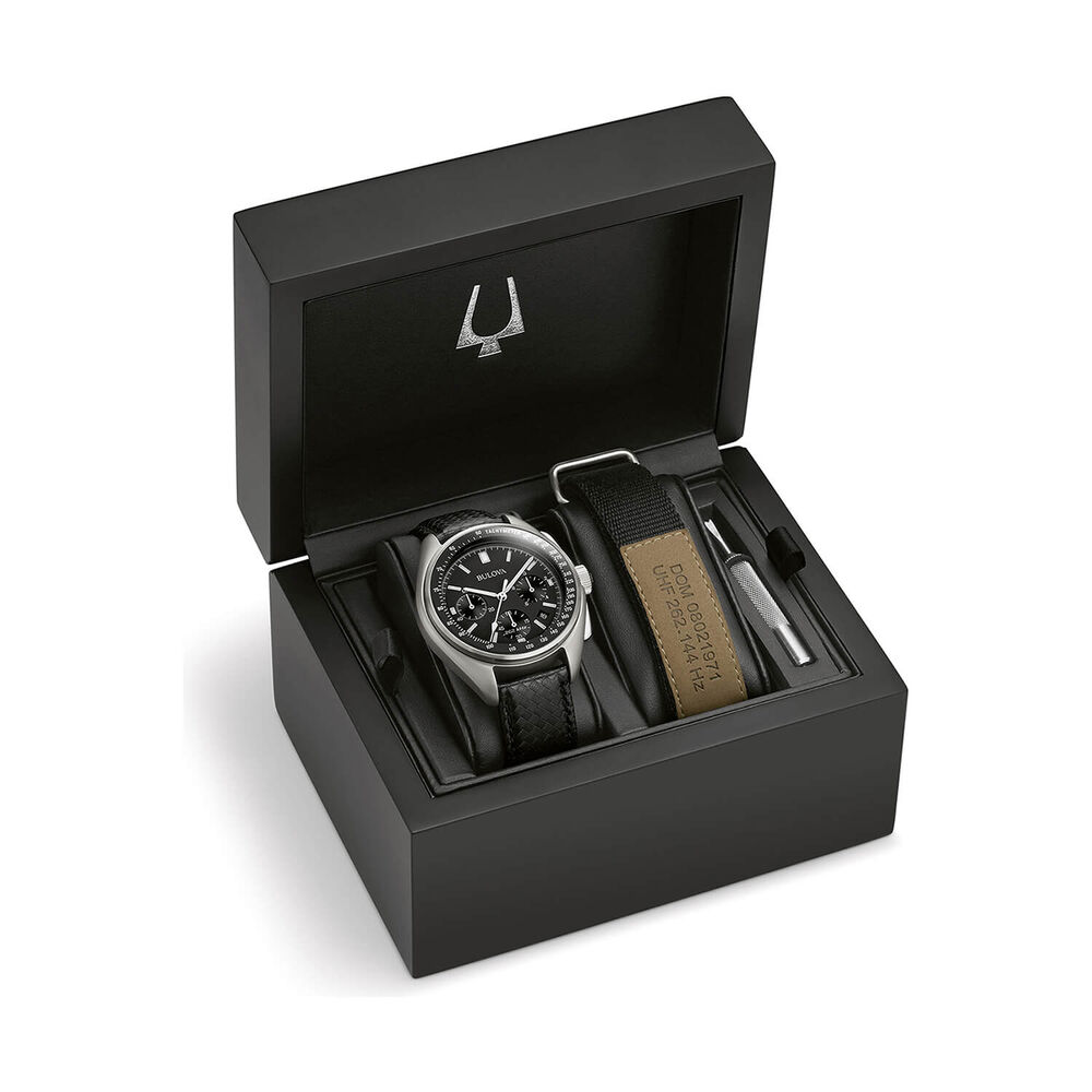 Bulova Special Edition Lunar Pilot Chronograph 45mm Black Dial Leather Strap Watch image number 3