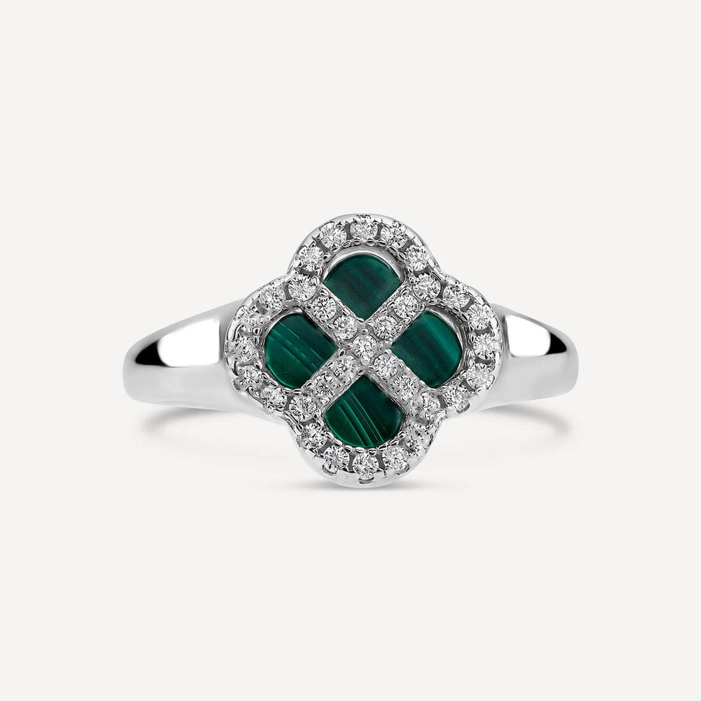 Sterling Silver Malachite Cubic Zirconia Clover Petal Ring