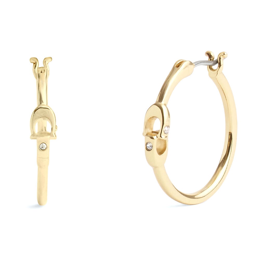 Coach Gold Tone Brass Crystal Signature Hoop Earrings