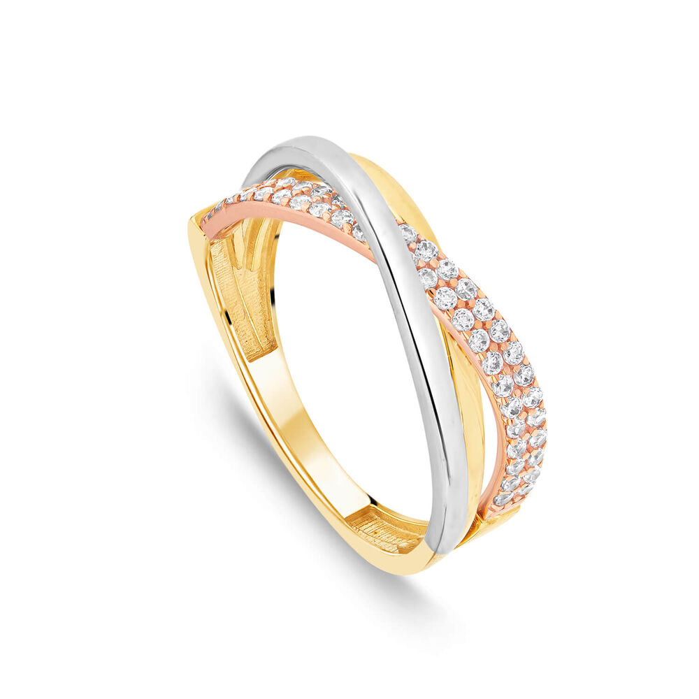 9ct Three Colour Gold Cubic Zirconia Set Cross Over Ring