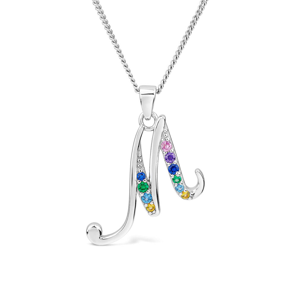 Sterling Silver Coloured Stone Set Initial "M" Pendant - Chain Included image number 0