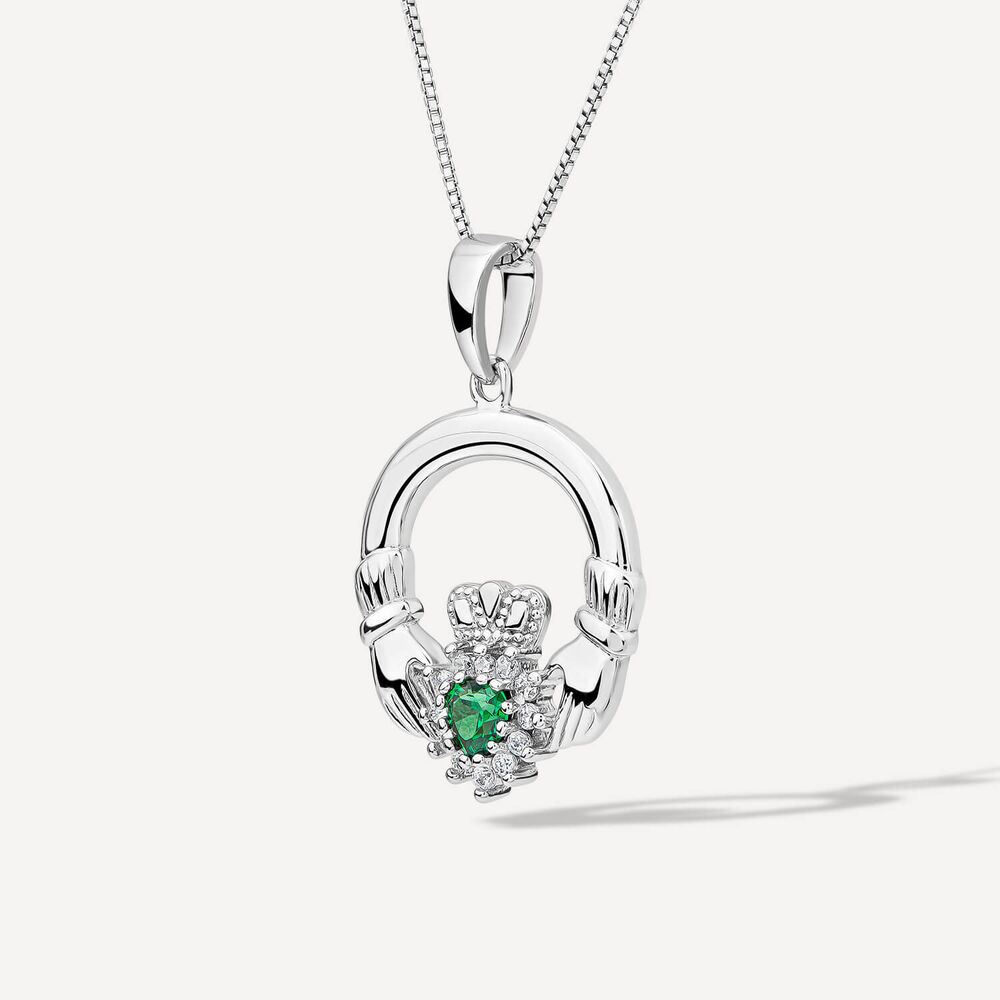 Sterling Silver Cubic Zirconia & Green Crystal Claddagh Pendant image number 1