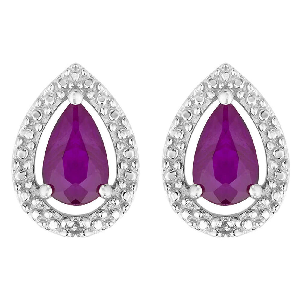 Ladies 9ct White Gold Created Ruby and Diamond Pear Earrings