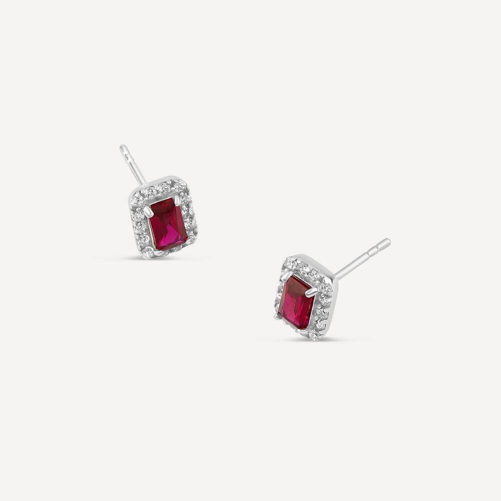 9ct White Gold Rectangular Created Ruby & Cubic Zirconia Frame Stud Earrings