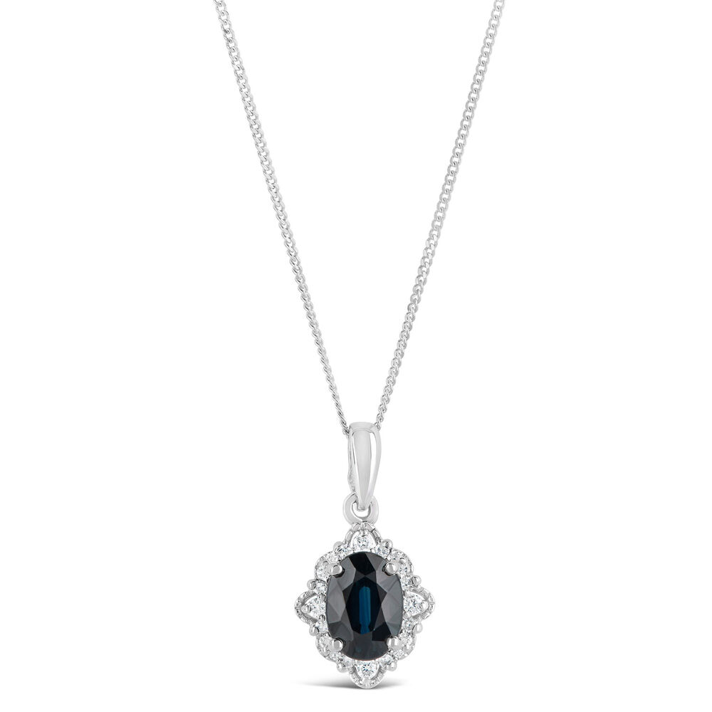 9ct White Gold 0.18ct Diamond and Sapphire Antique Style Pendant image number 0
