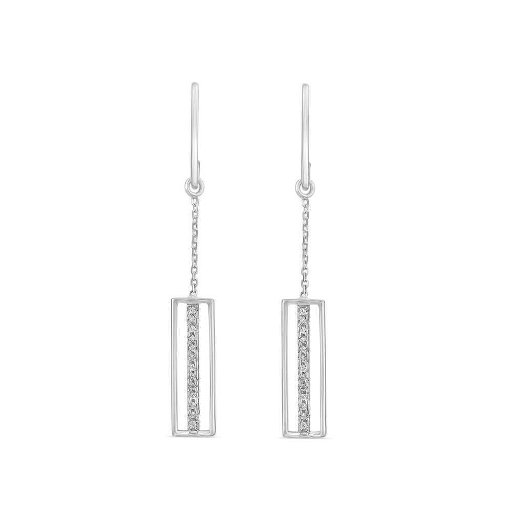9ct White Gold Open Rectangle Cubic Zirconia Centre Bar Drop Earrings image number 0
