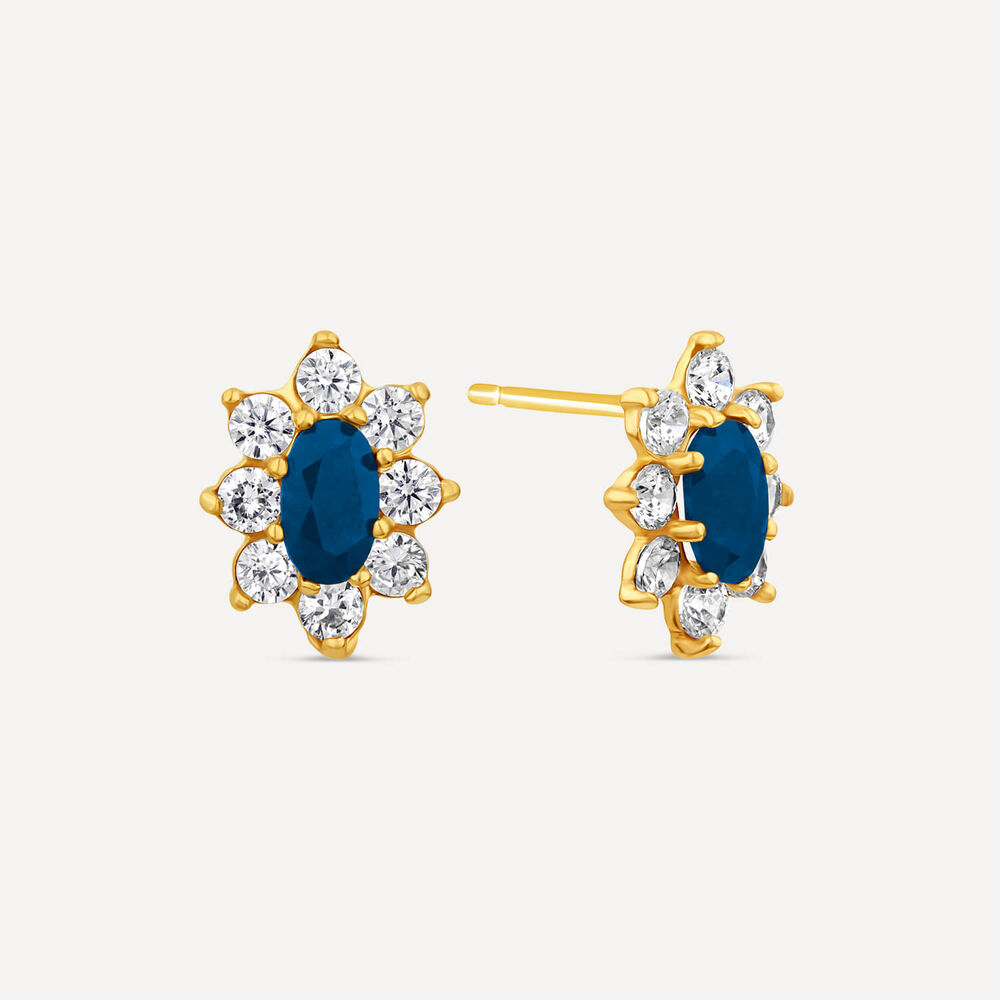 9ct Yellow Gold Sapphire & Cubic Zirconia Claw Set Stud Earrings