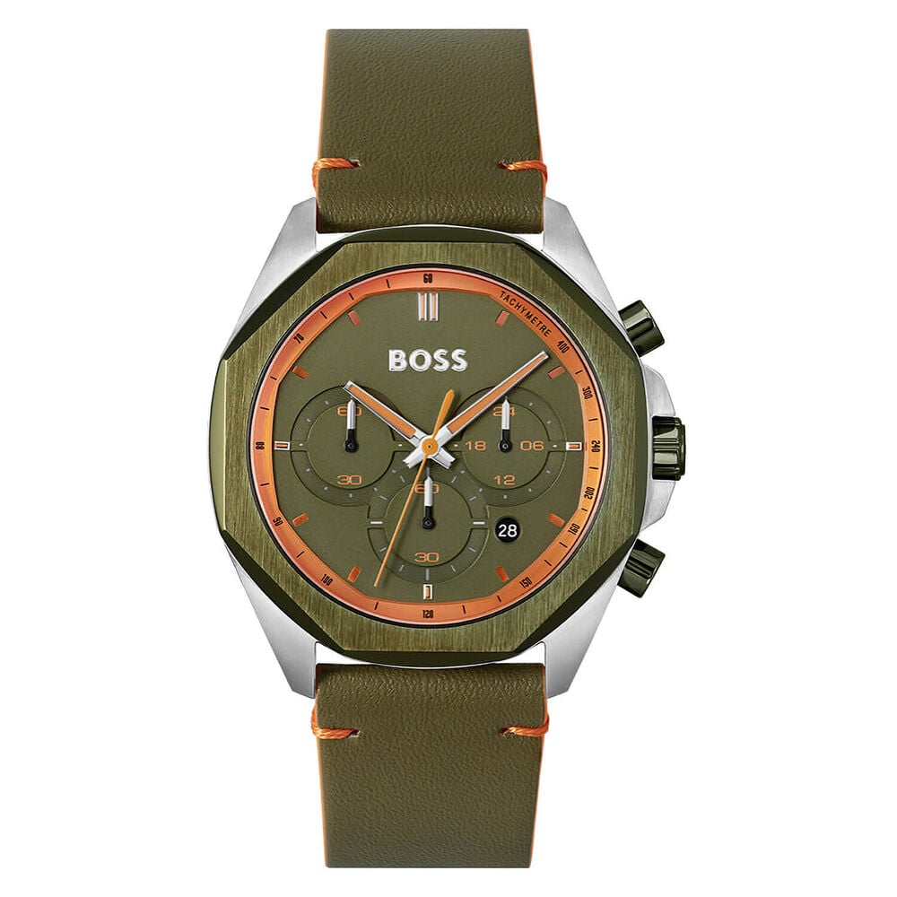 BOSS Cloud 44mm Octogonal Bezel Green Dial Orange Detail Green Strap Watch