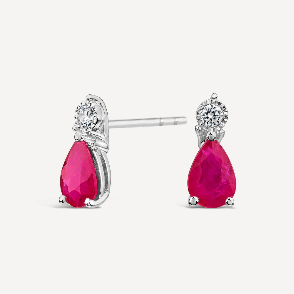 9ct White Gold Pear Ruby & Diamond Top Drop Earrings