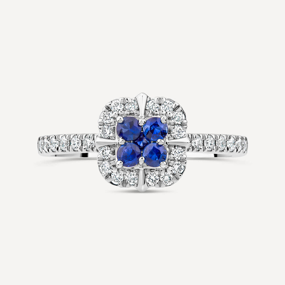Platinum Four Sapphire Centre & 0.32ct Diamond Square Cluster Ring image number 1