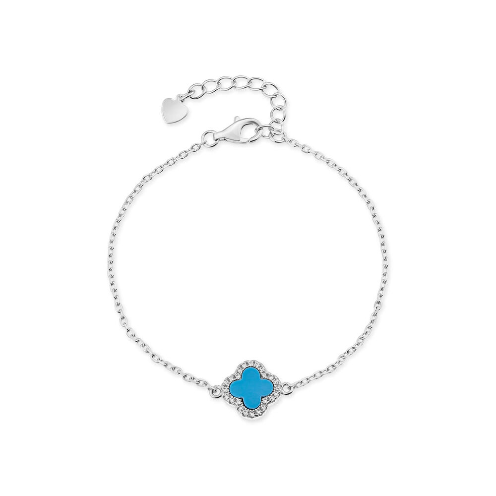 Sterling Silver Turqoise Centre Cubic Zirconia Set Clover Petal Bracelet