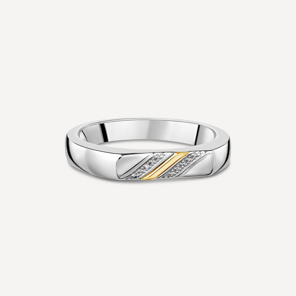 Gents Sterling Silver & 9ct Yellow Gold Flat Top 2 Line 0.002ct Diamond Set Ring