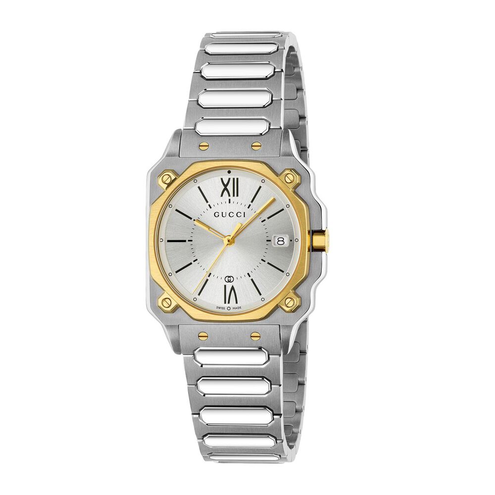 Gucci G-Flat 30mm Silver Dial 18k Gold Plated Bezel Steel Bracelet Watch image number 0